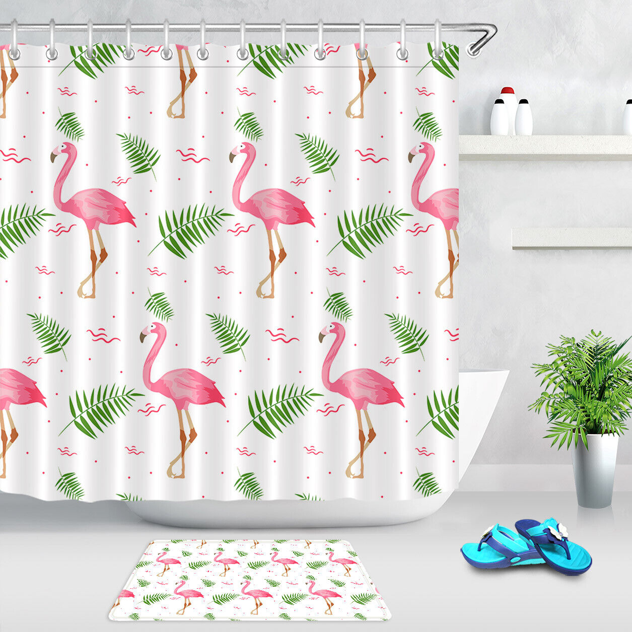 Beautiful Pink Flamingo on Tropical Green Palm Leaves Shower Curtain for a Chic Bathroom