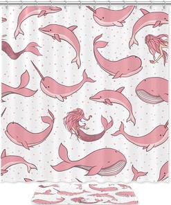 Beautiful Pink Mermaid and Dolphin Shower Curtain for Ocean Themed Bathroom Decor