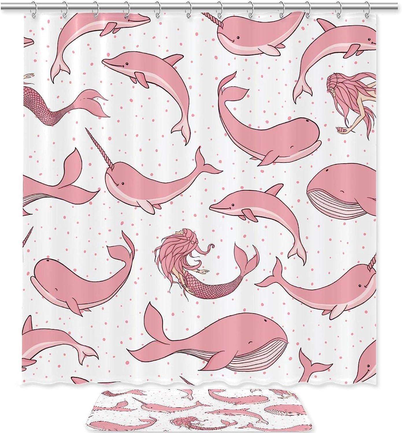 Beautiful Pink Mermaid and Dolphin Shower Curtain for Ocean Themed Bathroom Decor