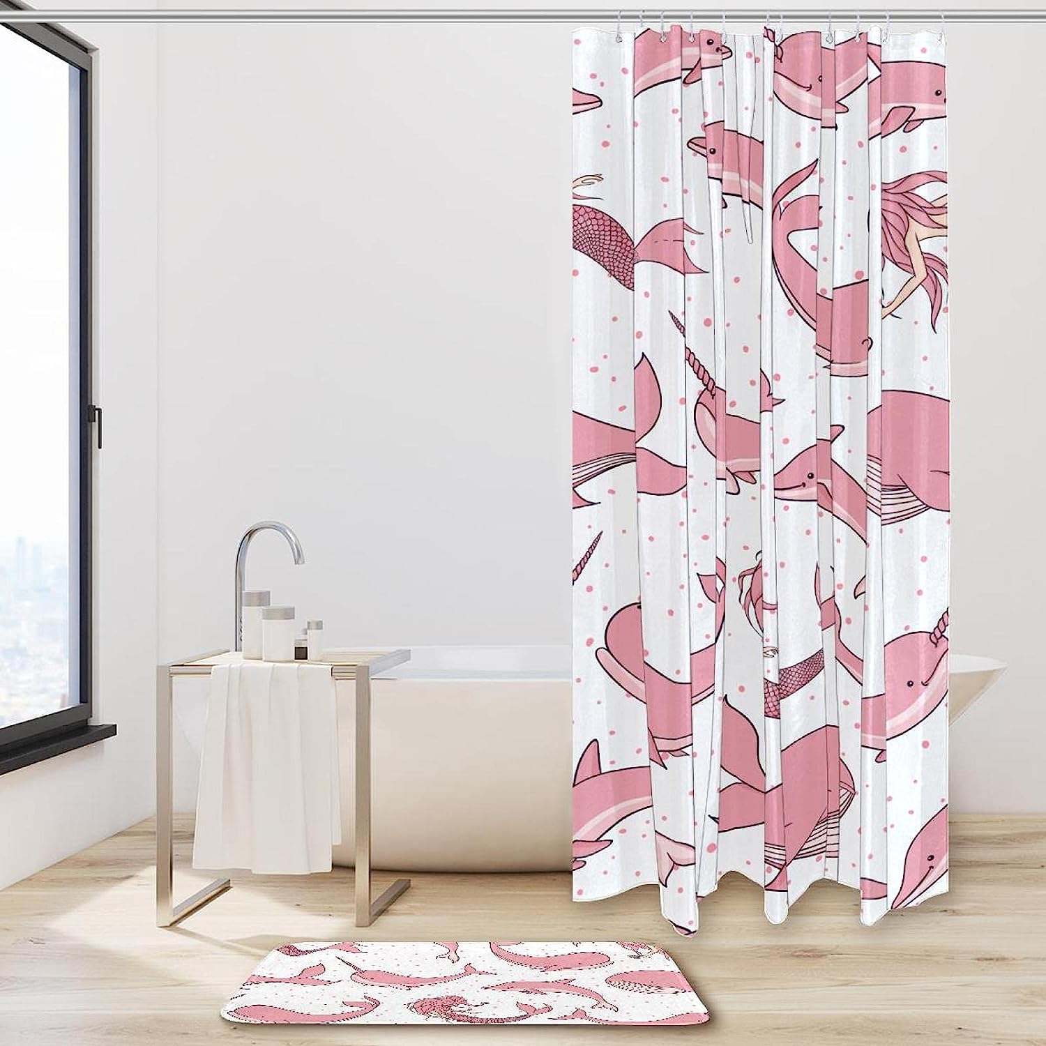 Beautiful Pink Mermaid and Dolphin Shower Curtain for Ocean Themed Bathroom Decor