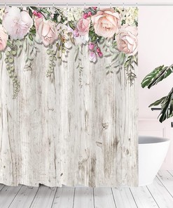 Beautiful Pink Roses on Grey White Rustic Wood Shower Curtain, Floral Blossoms Waterproof Fabric Bathroom Decor