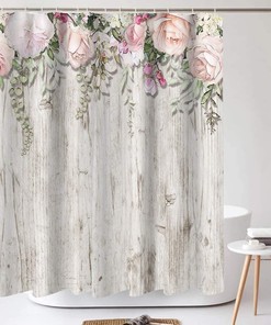 Beautiful Pink Roses on Grey White Rustic Wood Shower Curtain, Floral Blossoms Waterproof Fabric Bathroom Decor