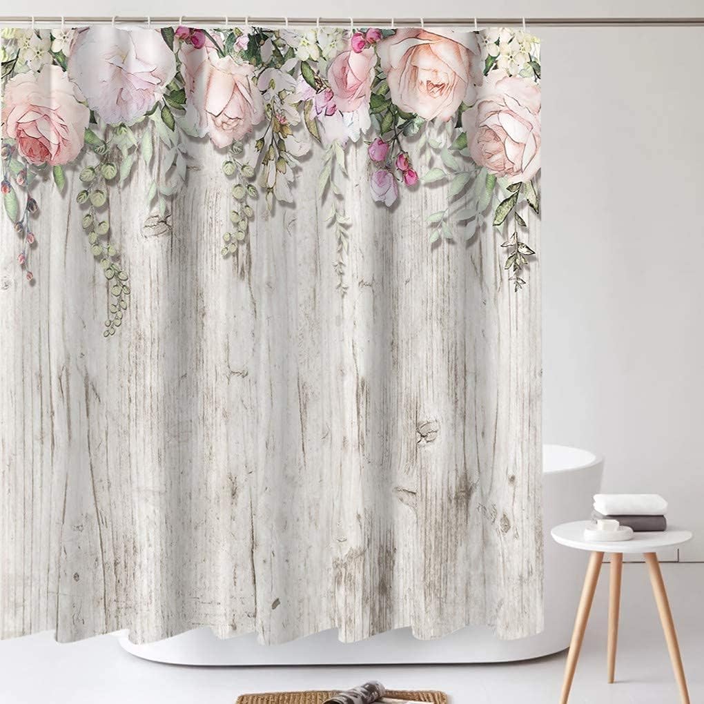 Beautiful Pink Roses on Grey White Rustic Wood Shower Curtain, Floral Blossoms Waterproof Fabric Bathroom Decor