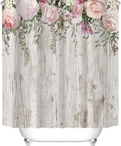 Beautiful Pink Roses on Grey White Rustic Wood Shower Curtain, Floral Blossoms Waterproof Fabric Bathroom Decor