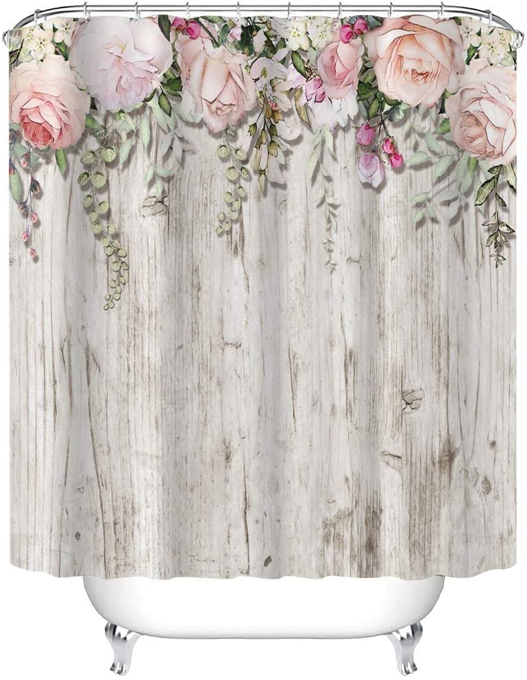 Beautiful Pink Roses on Grey White Rustic Wood Shower Curtain, Floral Blossoms Waterproof Fabric Bathroom Decor