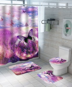 Beautiful Shower Curtain Set with Lavender Butterfly and Waterproof Fabric