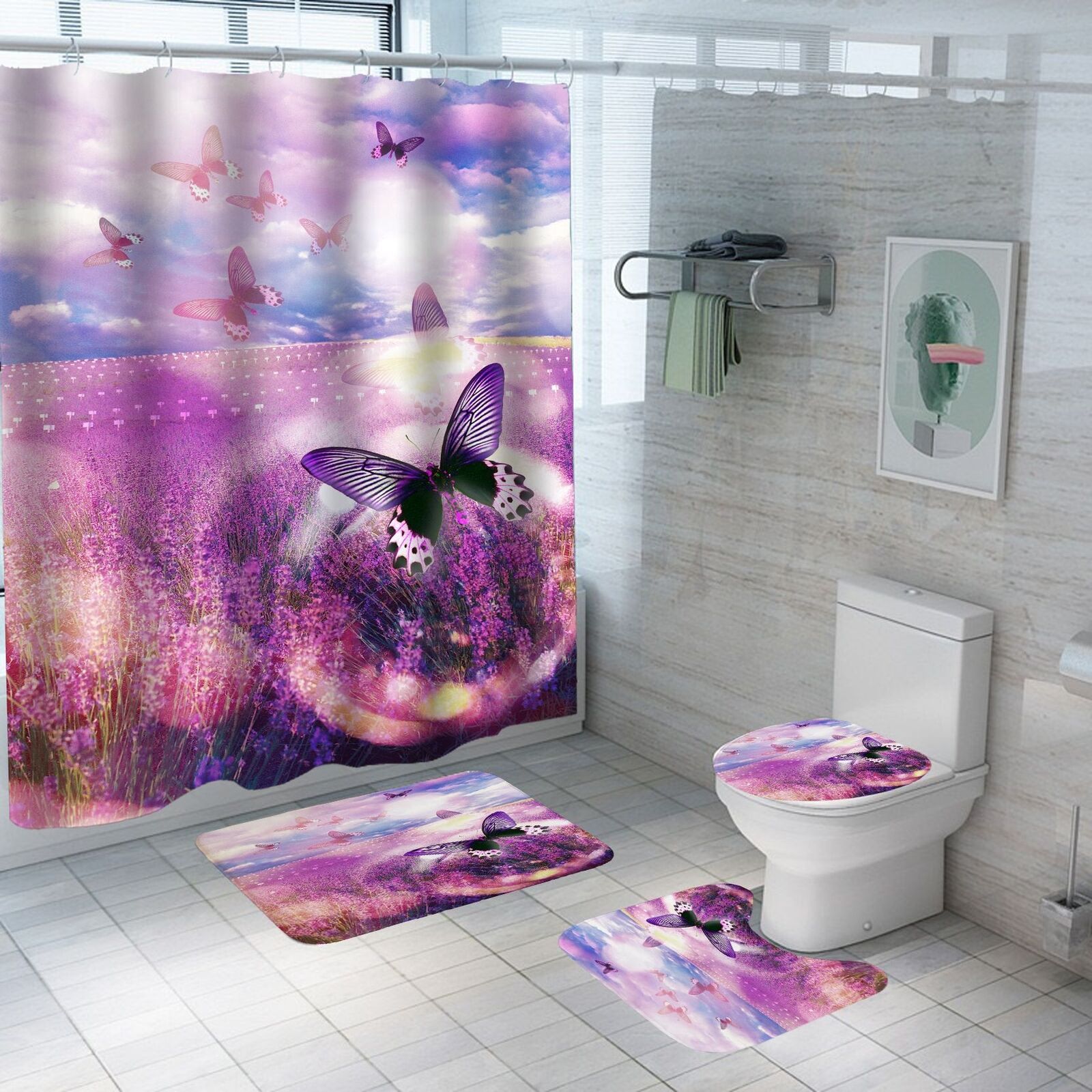 Beautiful Shower Curtain Set with Lavender Butterfly and Waterproof Fabric