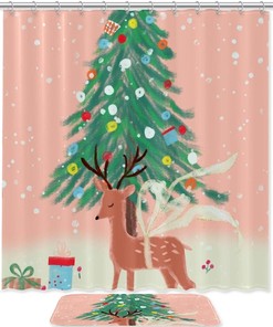 Beautiful Sika Deer Under Tree Print Shower Curtain For Bathroom Tub Set