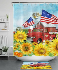 Beautiful Sunflower Retro Red Truck Farmhouse Flags Shower Curtain For Bathroom Decor