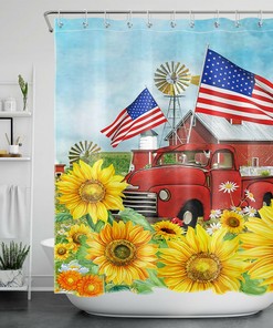 Beautiful Sunflower Retro Red Truck Farmhouse Flags Shower Curtain For Bathroom Decor