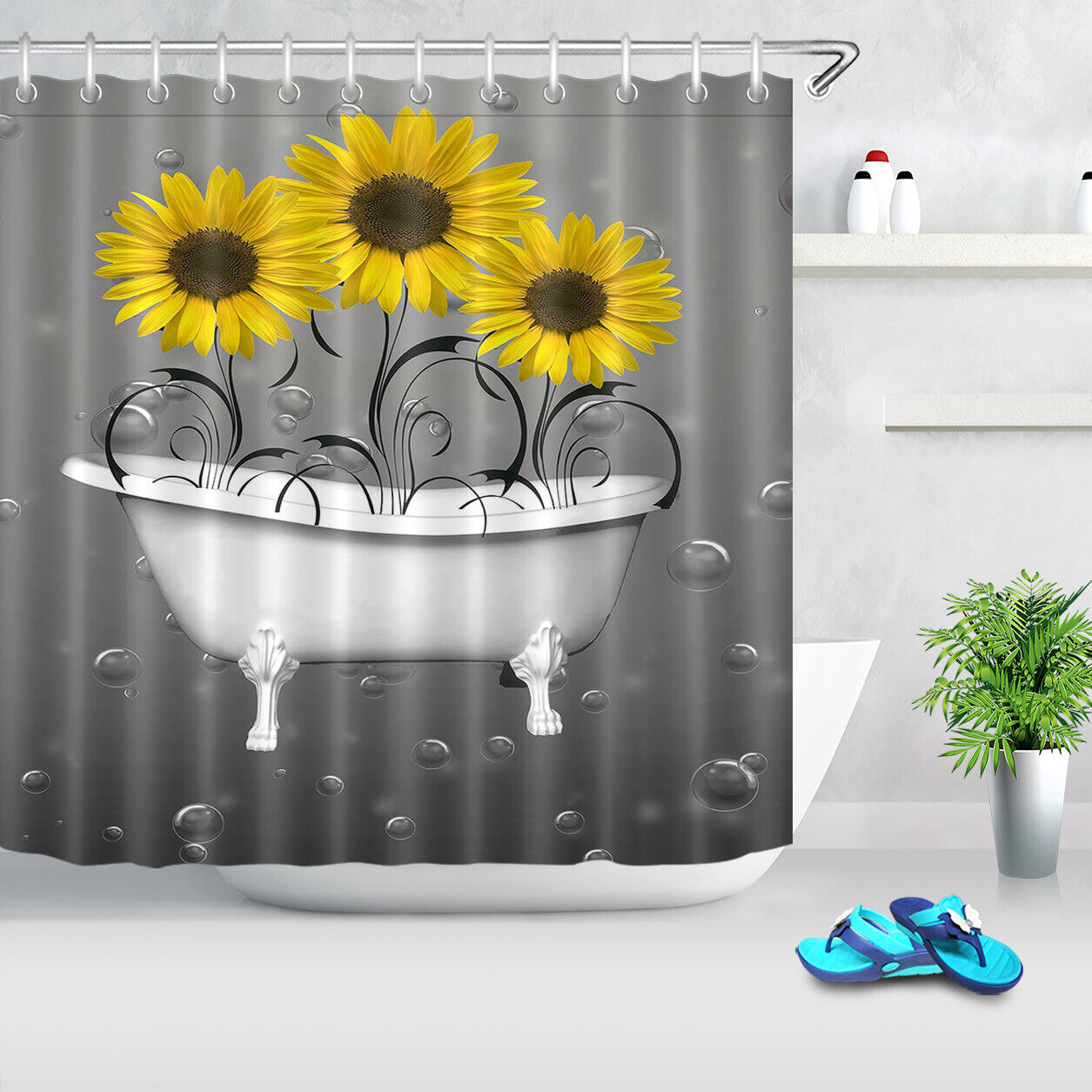 Beautiful Sunflowers Bathtub Print Shower Curtain For Bathroom Decor - Image 2