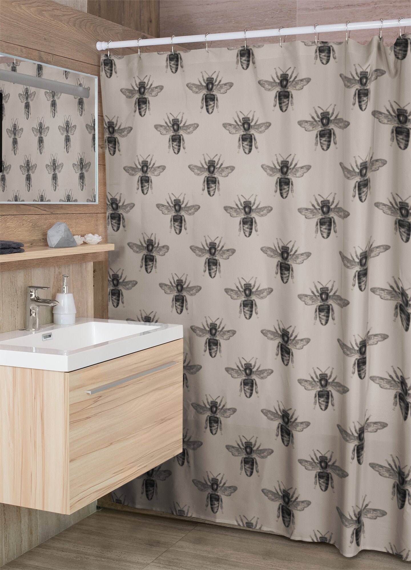 Beautiful Tan Bee Farmhouse Shower Curtain For Bathroom Decor