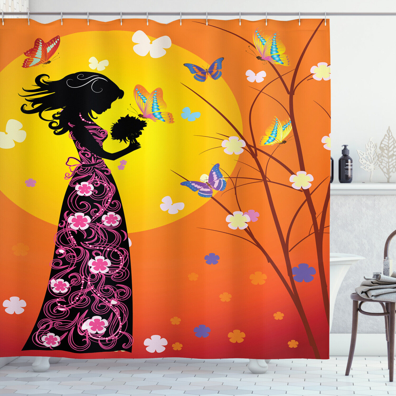Beautiful Teen Girl Shower Curtain with Floral Dress Artful Print for Bathroom