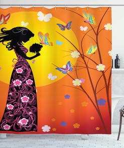 Beautiful Teen Girl Shower Curtain with Floral Dress Artful Print for Bathroom