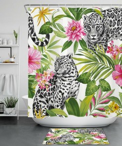 Beautiful Tropical Animal Leopard Plant Green Floral Shower Curtain 