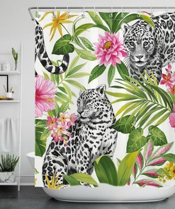 Beautiful Tropical Animal Leopard Plant Green Floral Shower Curtain