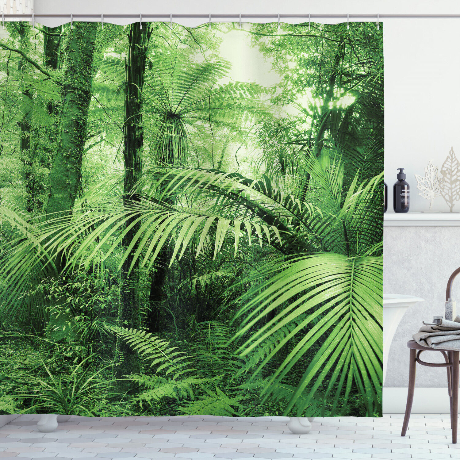 Beautiful Tropical Forest Palm Trees Jungle Shower Curtain for Exotic Bathroom Decor
