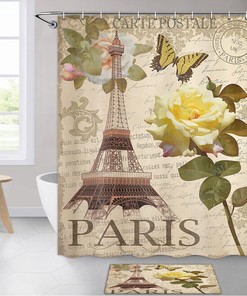 Beautiful Vintage French Eiffel Tower and Flower Fabric Shower Curtain for Bathroom Decor