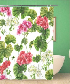 Beautiful Watercolor Botanical Shower Curtain with Geranium Flower Pattern - Waterproof Fabric Bathroom Curtains 