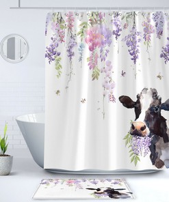 Beautiful Watercolor Cow and Purple Lavender White Daisy Shower Curtain for Your Chic Bathroom