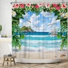 Beautiful Watercolor Summer Holiday Fantasy Garden Shower Curtain with Seagull Sailing Tropical Island Beach Scene 