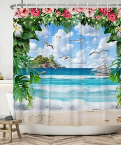 Beautiful Watercolor Summer Holiday Fantasy Garden Shower Curtain with Seagull Sailing Tropical Island Beach Scene 