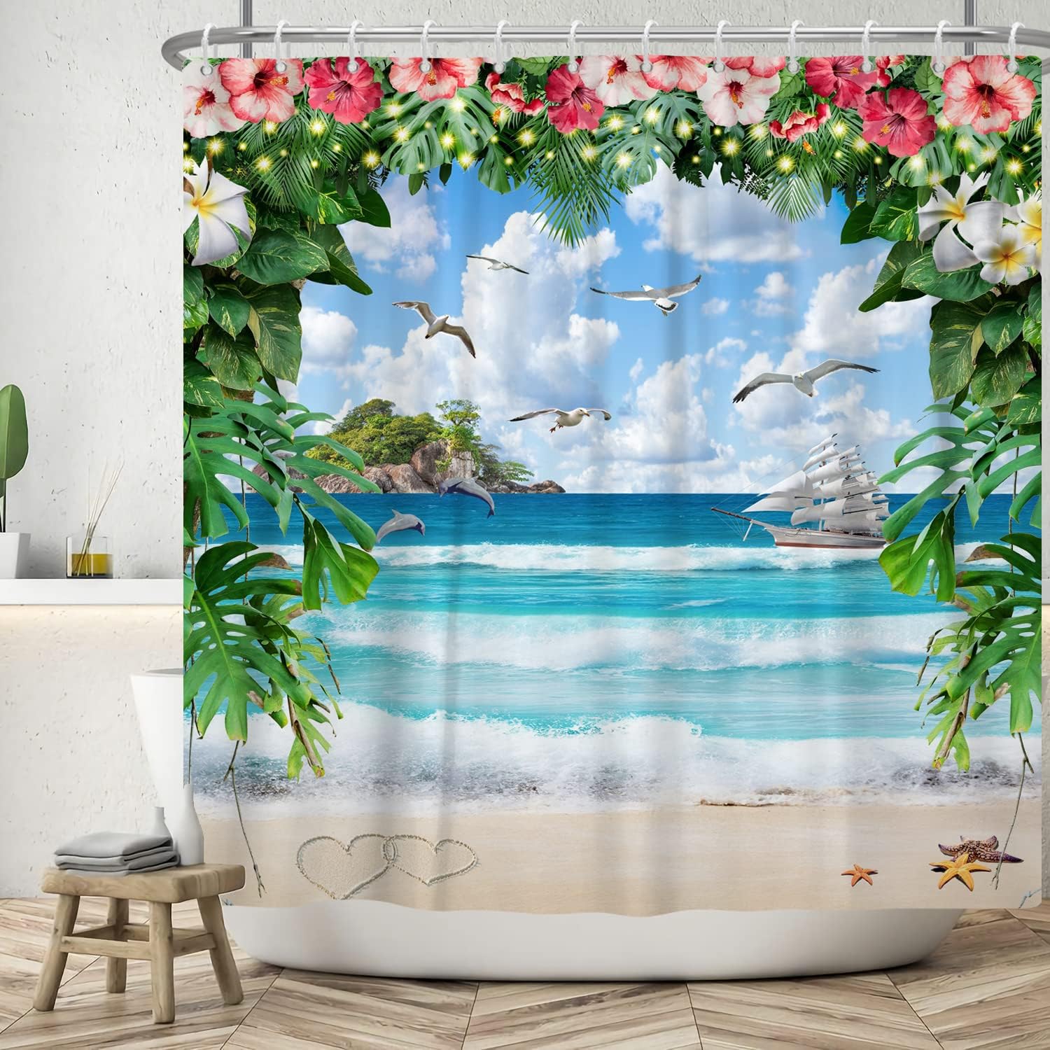 Beautiful Watercolor Summer Holiday Fantasy Garden Shower Curtain with Seagull Sailing Tropical Island Beach Scene