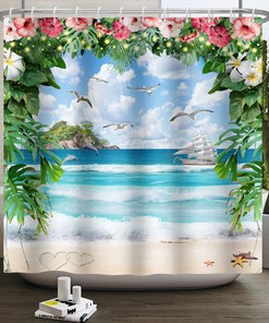 Beautiful Watercolor Summer Holiday Fantasy Garden Shower Curtain with Seagull Sailing Tropical Island Beach Scene