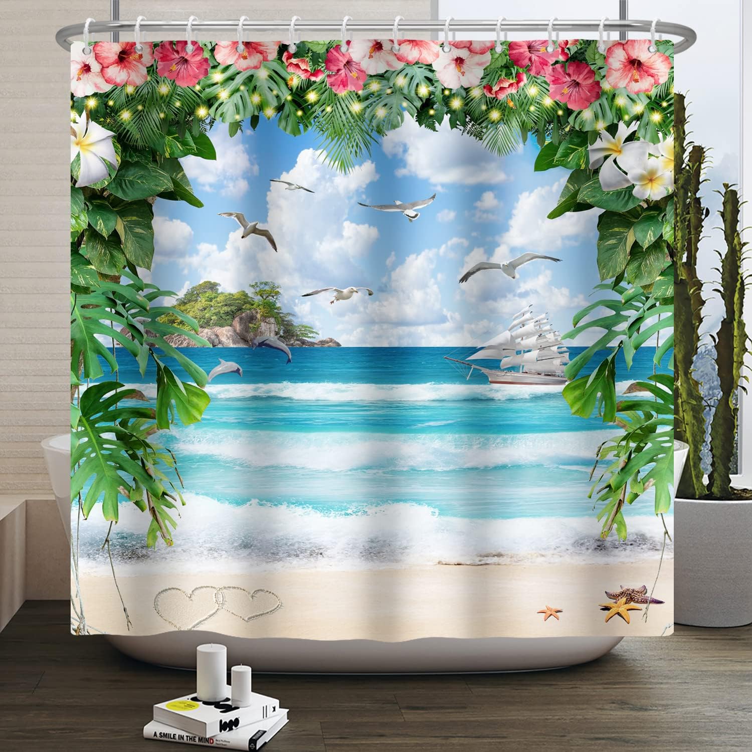 Beautiful Watercolor Summer Holiday Fantasy Garden Shower Curtain with Seagull Sailing Tropical Island Beach Scene