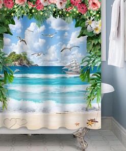 Beautiful Watercolor Summer Holiday Fantasy Garden Shower Curtain with Seagull Sailing Tropical Island Beach Scene