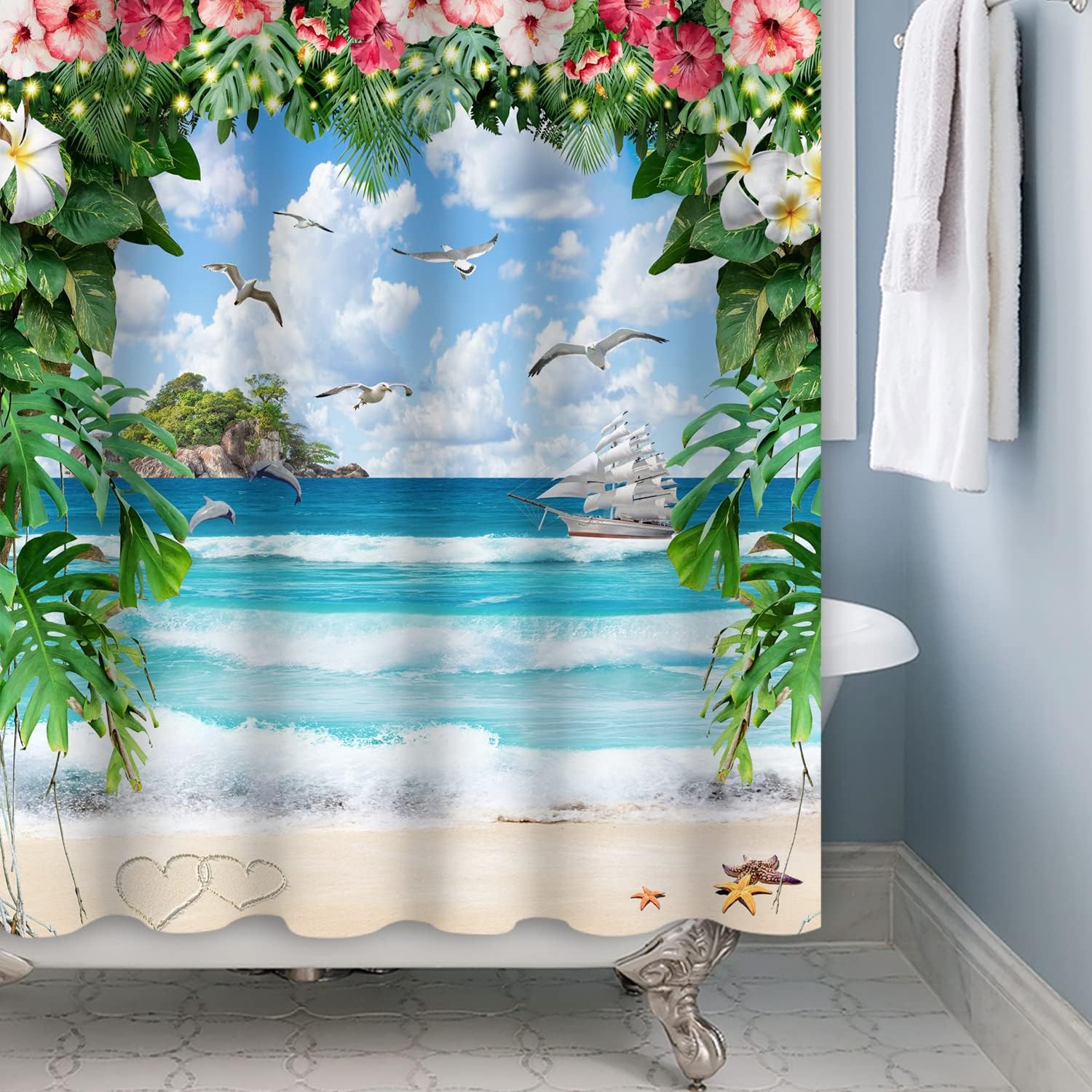 Beautiful Watercolor Summer Holiday Fantasy Garden Shower Curtain with Seagull Sailing Tropical Island Beach Scene