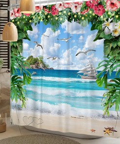 Beautiful Watercolor Summer Holiday Fantasy Garden Shower Curtain with Seagull Sailing Tropical Island Beach Scene