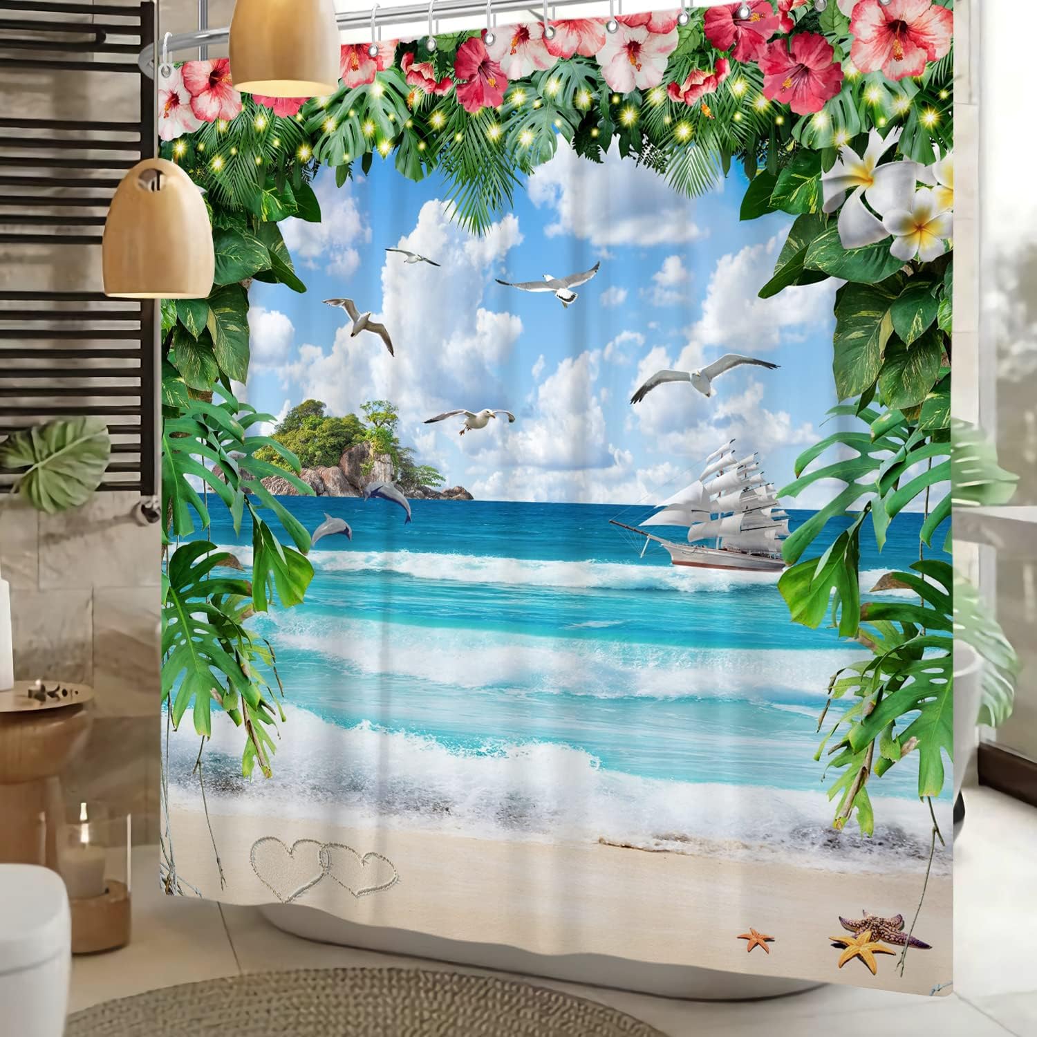 Beautiful Watercolor Summer Holiday Fantasy Garden Shower Curtain with Seagull Sailing Tropical Island Beach Scene