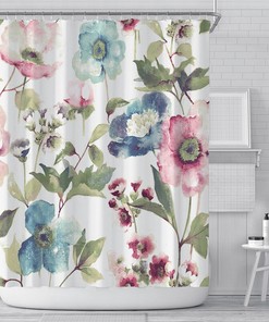 Beautiful White Floral Printed Mildew-Proof Shower Curtain with Hooks