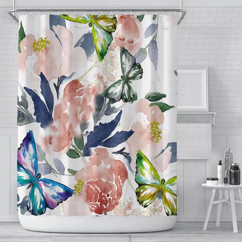 Beautiful White Large Floral Printed Mildew-Proof Shower Curtain