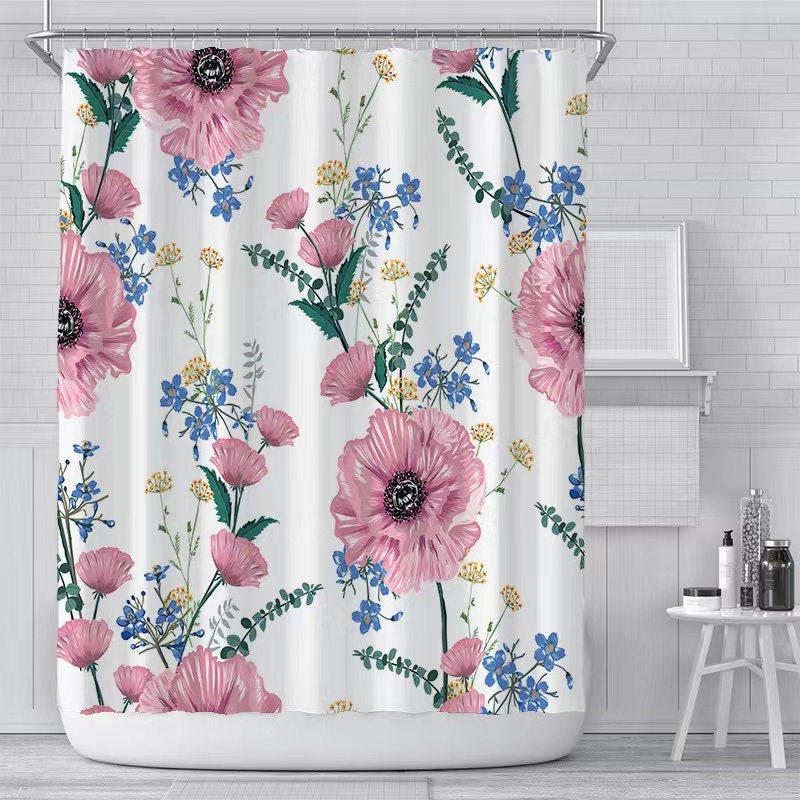 Beautiful White Large Pink Floral Printed Mildew-Proof Shower Curtain