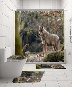 Beautiful Wolf Animal Print Jungle Trees Shower Curtain for Nature Loving Bathroom Decor
