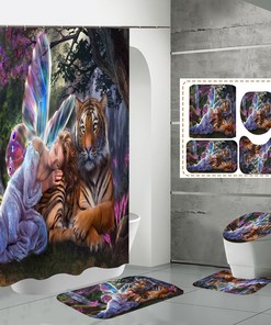 Beauty&Tiger Fairy Tale Bathroom Shower Curtain Lid No-Slip Set For Beautiful And Playful Bathroom Decor