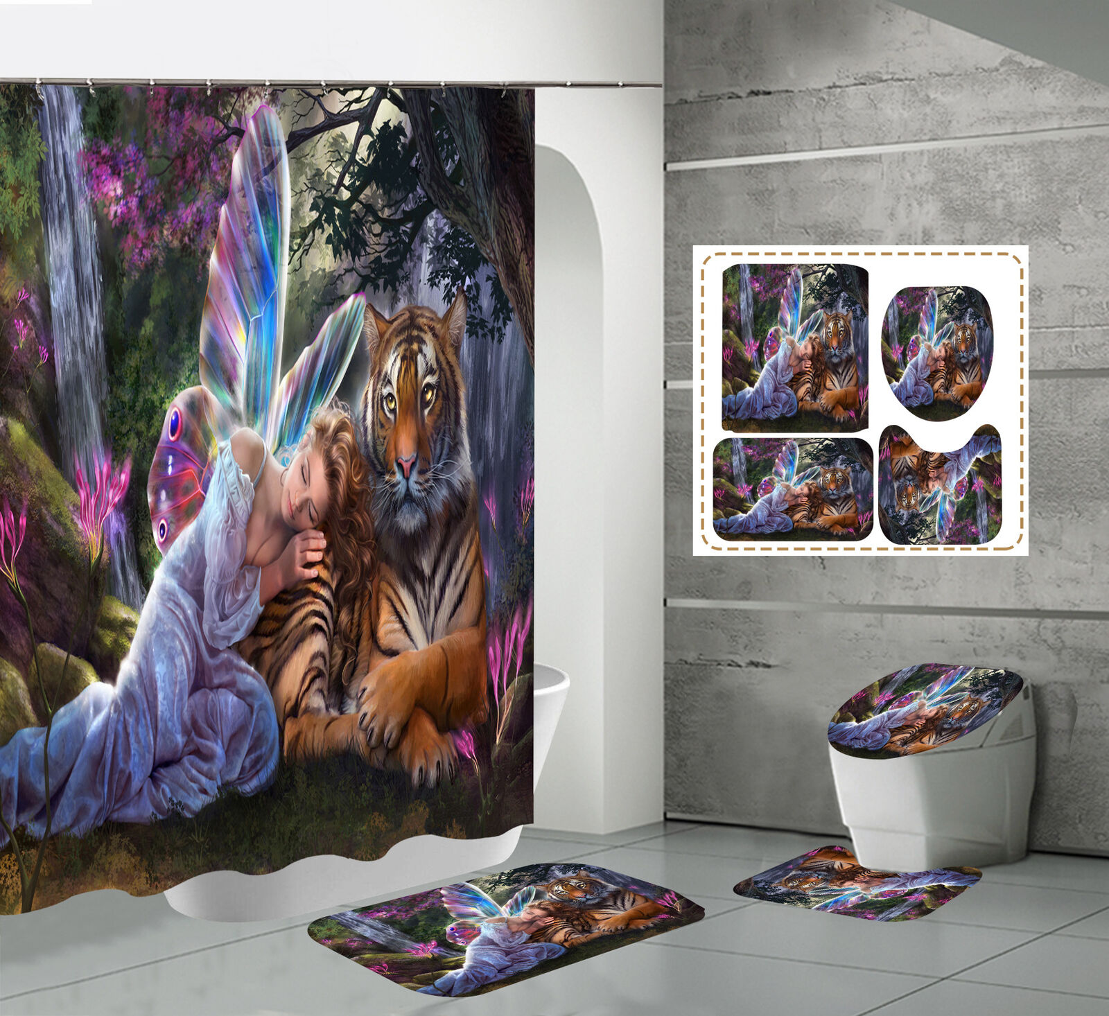 Beauty&Tiger Fairy Tale Bathroom Shower Curtain Lid No-Slip Set For Beautiful And Playful Bathroom Decor