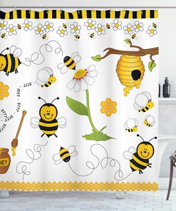 Bee And Daisies Floral Print Shower Curtain For Bathroom Decor
