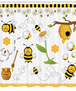 Bee And Daisies Floral Print Shower Curtain For Bathroom Decor