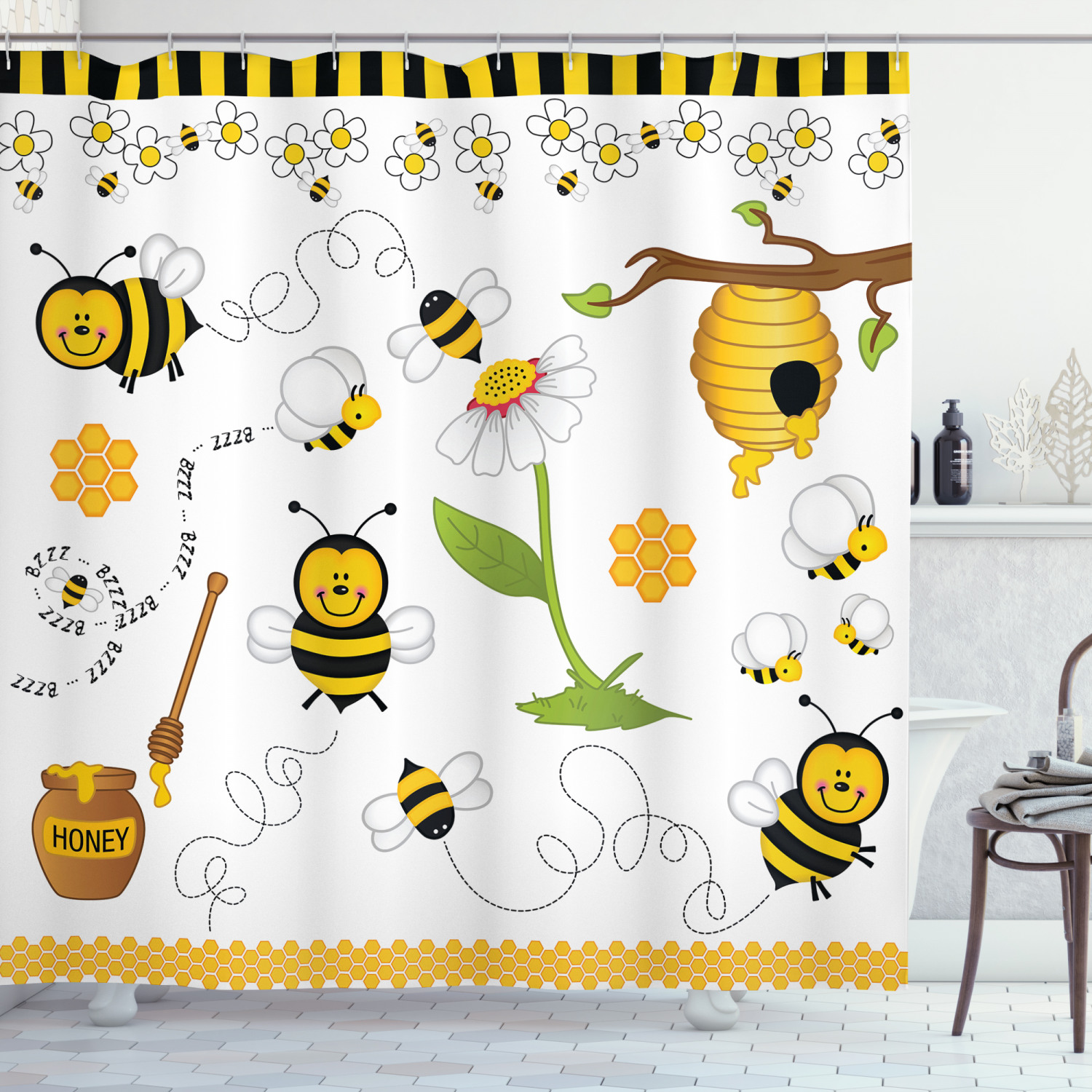 Bee And Daisies Floral Print Shower Curtain For Bathroom Decor