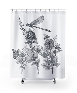 Bee Butterfly Dragonfly Shower Curtain Waterproof Fabric Design