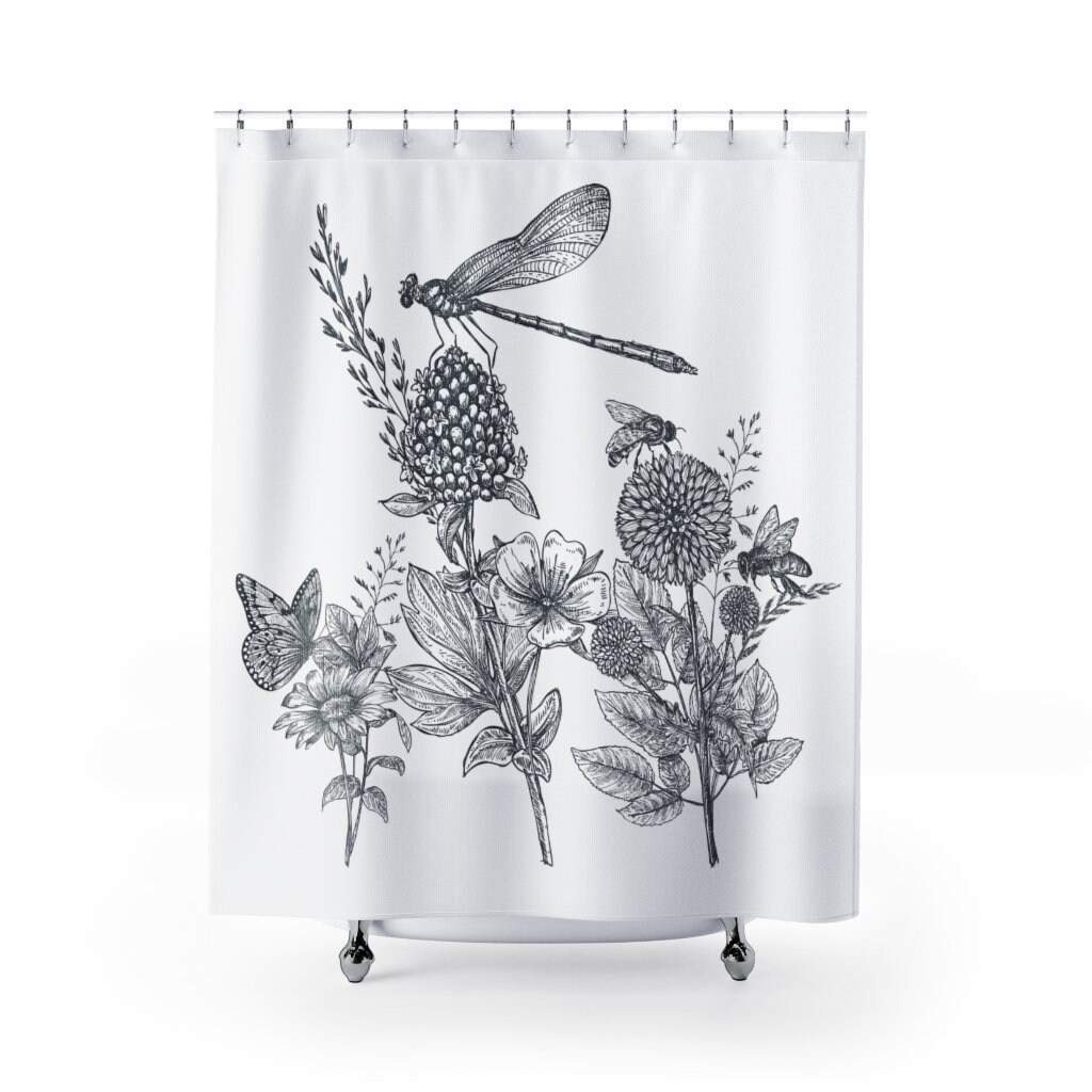 Bee Butterfly Dragonfly Shower Curtain Waterproof Fabric Design