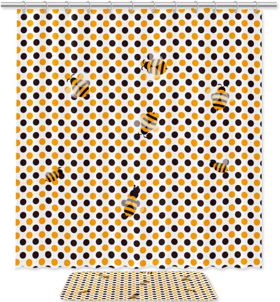 Bee Dot Pattern Bathroom Decor Shower Curtain Memory Foam Waterproof Fabric