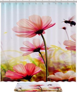 Bee Flying Over Poppy Flowers Shower Curtain For Nature Inspired Bathroom Decor