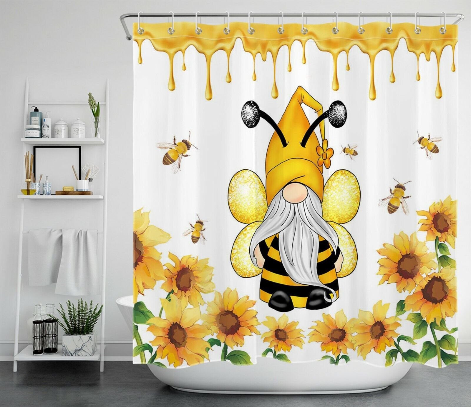 Bee Gnome Elf Sunflowers Watercolor Shower Curtain Set For Charming And Beautiful Bathroom Decor - Image 2