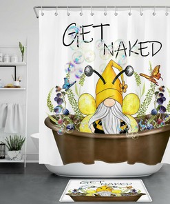 Bee Gnomes Bubbles Bathtub Shower Curtain with Spring Green Leaves 