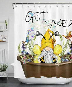 Bee Gnomes Bubbles Bathtub Shower Curtain with Spring Green Leaves