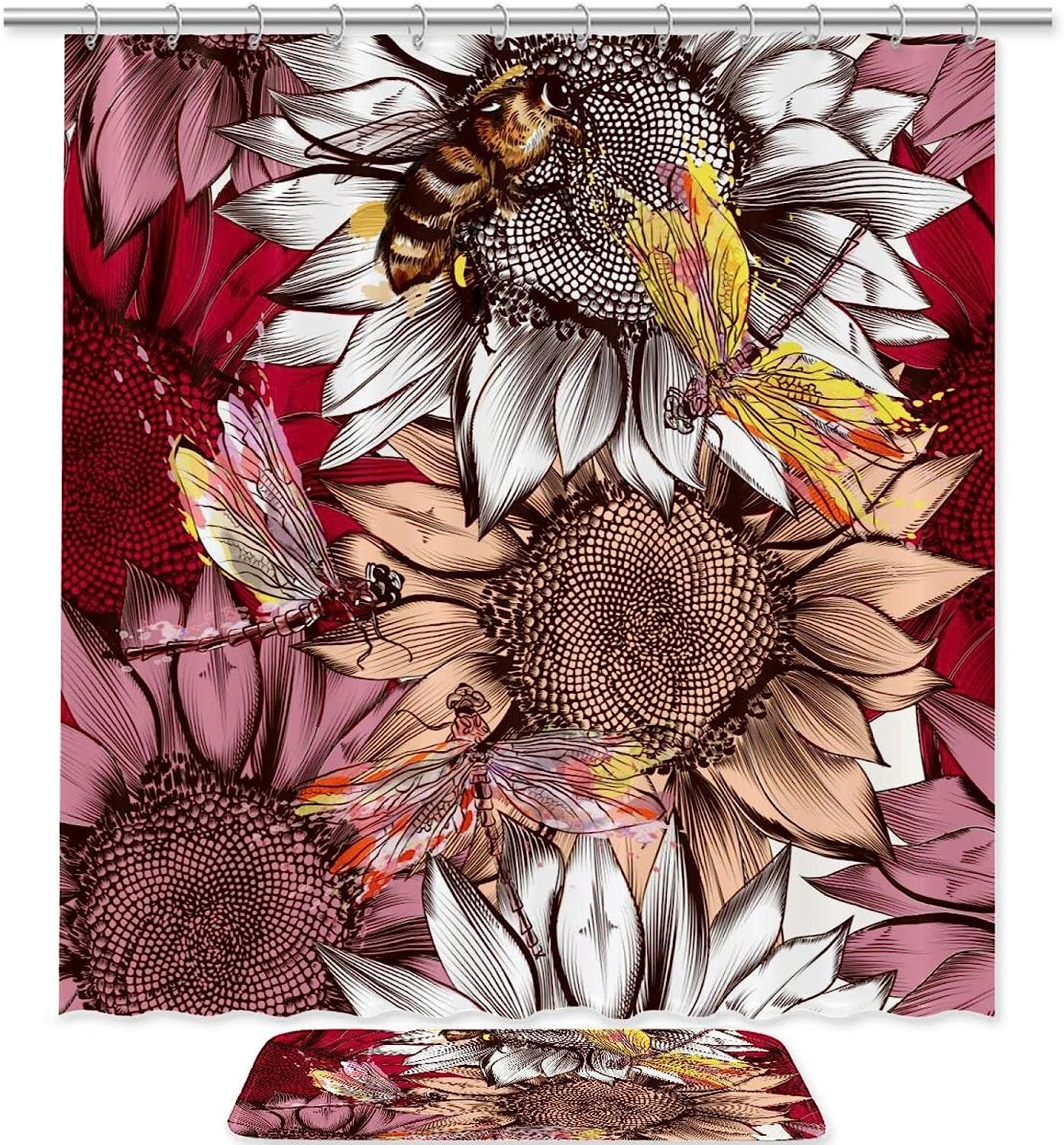 Bees, Dragonfly, And Flowers Shower Curtain Mat For Your Bathroom
